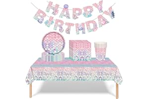 MIENOCOL 54 Stück Meerjungfrau Partygeschirr Set,Meerjungfrau Pappteller Becher Servietten Tischdecke Banner Kindergeburtstag Besteck für Geburtstagsfeier,Babyparty,Hochzeiten,Jubiläen Party Decoration