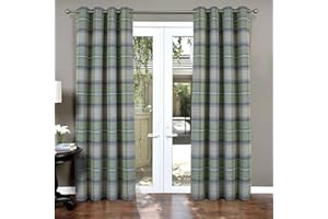 always4u 100% Blackout Curtains Check Eyelet Bedroom Tartan Curtain Plaid Brushed Cheque Pair of Highland Woolen Look Window Treatment for Living Room Green 46 * 72 Inches
