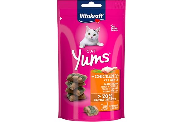 Vitakraft Cat Yums, friandises pour chats, bouchées tendres fourrées au poulet et à l’herbe à chat, en sachet refermable, sans ajout de sucre (1x40g)