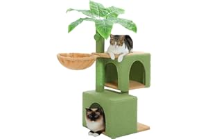 PETEPELA 110cm Cactus Cat Tree for Indoor Cats Green Cat Tower with 2 Large Condos, Hammock, Sisal Scratching Post, Hanging Pompom, Green