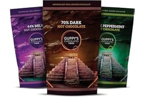 Guppy's Chocolates York | Luxury Hot Chocolate Flakes | 3 Pack | Real Grated Drinking Chocolate | Works With Velvetiser | 245g Resealable Pouch Equal To 7 Sachets per pack (Dark | Milk | Peppermint)
