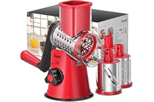 GEEDEL Grattugia per Formaggio Rotante, Affettatrice per Verdure con 3 Lame a Tamburo, Grattugia Rotante Facile da Pulire, Grattugia per Cucina 12 Volte più Veloce per Frutta e Verdura (Rosso)