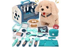 Tacobear Chien Jouet Enfant Veterinaire Enfant Chien Interactif Electronique avec Veterinaire Costume Secouer Queue Peluches Jouet Chien Qui Marche Cadeau d'anniversaire pour Garçons et Filles
