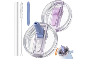 RUACDIQ 2 Unidades Tapa Prueba Fugas para Stanley Cup 40 oz Accesorios, unidades de tapas de repuesto extraíbles con 2 pajitas Cepillo para pajitas, Herramienta de desmontaje (Violeta + azul)