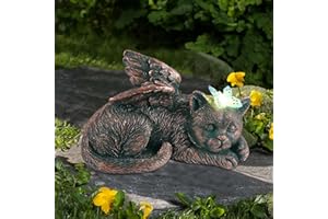 ‎YEOMOO Yeomoo Katze Engel Solar Gartendeko Figuren für Außen mit Buttfly, Wetterfeste Tierstatue Balkon Deko, Schlafende Katze Solarbetrieben Figur Deko Grabschmuck Grabstein Geschenke für Frauen Mama Kupfer