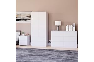 Vida Designs Denver Bedroom Furniture Set (White, 3pc-6 DWR Chest+2 Dr Wardrobe+2 DWR Bedside Table)