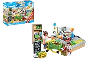 PLAYMOBIL MyLife Promo Pack 71648 Bio-Supermarkt, inklusive Kasse mit Warenlaufband, Einkaufswagen und DREI Figuren, detailreiches Spielzeug für Kinder ab 4 Jahren