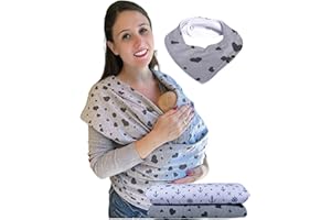 Pañuelo portabebés HECKBO gris con corazones negros - incl. babero y bolsa de transporte - extra grande: 520x60 cm - elástico para recién nacidos y bebés de hasta 15 kg
