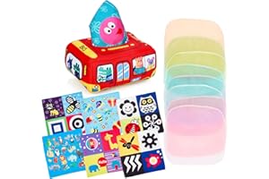 Eucomir Baby Tissue Box Toy,Sensory Toys for Babies 6-12 Months,Tissue Box Toy Soft and Reusable,10 Colorful Spinning Silk Scarves,6 Square Scarves,Preschool Learning Toys for Baby,Red Car