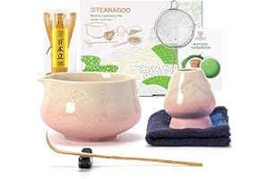 TEANAGOO MATCHA KIT, Matcha Set rosa, Matcha Cerimoniale, set per preparare il latte al tè matcha, set con frusta e ciotola con cucchiaio e setaccio, ciotola in ceramica con design Fuji