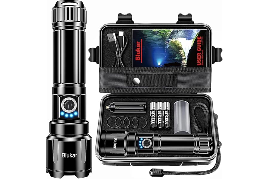 Blukar LED Torch Rechargeable, Ultra High Lumens Super Bright Torches - Adjustable Focus,5 Modes,5000 mAh Long Lasting,IP67 Waterproof,Powerful Handheld Flashlight for Camping,Hiking,Emergency-Black