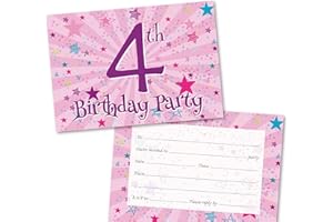 ABSOLUTELY YOURS Age 4 Party Invitations Kids. Pack of 36. Pink Starburst Themed Invitation with Matching envelopes. 120 x 172mm. Party Invites, Birthday Party Invitations. Designed and Printed in UK.