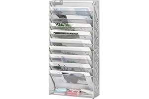 Solinxe Newspaper Holder Wall with 10 Levels Metal Newspaper Rack Hanging File Wall Storage Compartments A4 Paper Document Tray Office School Storage Organiser Silver