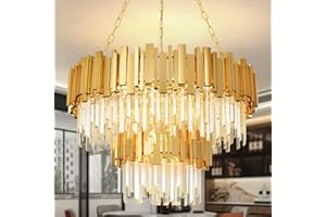 AOOCHOK Lampadario moderno in cristallo oro, illuminazione a sospensione rotonda in cristallo per soggiorno, sala da pranzo, camera da letto, ristorante, E14 x 17, D75 cm(2-Tiers)