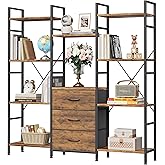 OYRREU 100W x142Hcm Tall Bookcase with 3 Fabric Drawers, 4 Tier Book Shelf Unit, 100cm Wide and Large Bookshelf Storage Unit 
