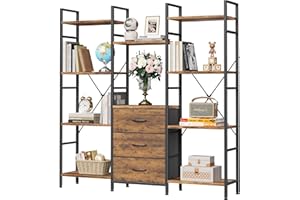OYRREU 100W x142Hcm Tall Bookcase with 3 Fabric Drawers, 4 Tier Book Shelf Unit, 100cm Wide and Large Bookshelf Storage Unit for Living Room Garden Bedroom Home, Industrial Wood Open Shelves Display