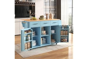 ‎DRIXNO DRIXNO Kücheninsel Freistehend mit Klappbarer Arbeitsplatte Küchenschrank Küchenwagen auf 5 Rollen, mit Ablage und 3 Schubladen, Blau Für Esszimmer 139x46(71) x91,5 cm