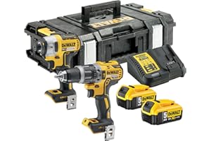 DEWALT- Kit Double18V XR Brushless – Comprend une Perceuse à Percussion Brushless, une Visseuse à Chocs, une Boîte de Rangement, un Chargeur Multivoltage et Deux Batteries XR 5Ah, DCK266P2-QW