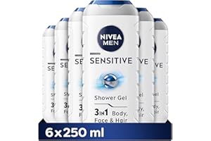 NIVEA MEN Sensitive Shower Gel Pack of 6 (6 x 250 ml), Alcohol-Free Sensitive Skin Body Wash, Gentle Shower Gel Men with Bamboo Extract, Body Wash for Men with Irritated Skin