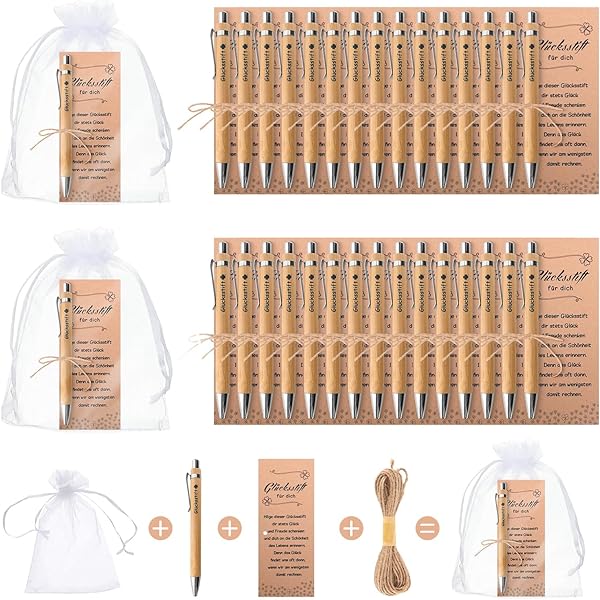 Namalu 12 gelukscadeausets inclusief 12 sleutelhangers met klavertje vier geluksbrengers, rond, van hout, 12 wenskaarten, 12 organzazakjes voor