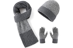 Lallier Winter 3Pcs Men's Wool Hat Scarf Touchscreen Gloves Set, Warm Beanie Skull Cap Scarf Thermal Glove Set for Men