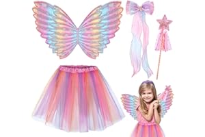 UxClishe 4 Pcs Fairy Costume Set for Girls, Butterfly Wing Fancy Dress Outfit with Tutu Skirt Magic Wand Bow Hairpin Kids Fairy Wings Angel Princess Costume for Kids Party Dress Up