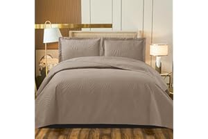 B&B Quilted Bedspread Bed Throws - Luxury Embossed Tropical Leaf Pattern Reversible Quilt Bedspreads Coverlets for Bedroom Decor with Matching Pillow Shams (King, Mink)