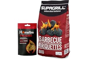 TOPLINE Supagrill Barbeque Charcoal Grill Briquettes - 8kg Barbecue Briquettes Bag & Homefire Twizlers Wood Wool Firelighters 300g with Topline Card for BBQs, Camping, Garden Events., Black (BB1)