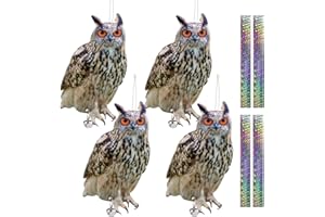 KUNGFU MALL Bird Scarers for Gardens Roofs Yards, Pigeon Deterrent with Reflective Tape, 4Pcs Flat Fake Owl Bird Deterrent, Owl Decoy to Scare Birds Away, Pigeon Bird Repellent Devices for Squirrels Seagull