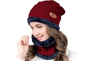 PETITE FORTUNE Ensemble Set de 2 Pièces Bonnet Tricoté + Écharpe de Cercle Unisexe avec Doublure Polaire Thermique Beanie Ski Épais Chaud Tour de Cou Chapeau Hiver Femme Homme pour Sports/Moto/Patinage/Outdoor