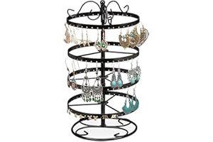 Relaxdays Expositor de Pendientes Redondo, Hierro, 168 Agujeros, Giratorio, 4 Niveles, 30 x 16,5 cm, Negro