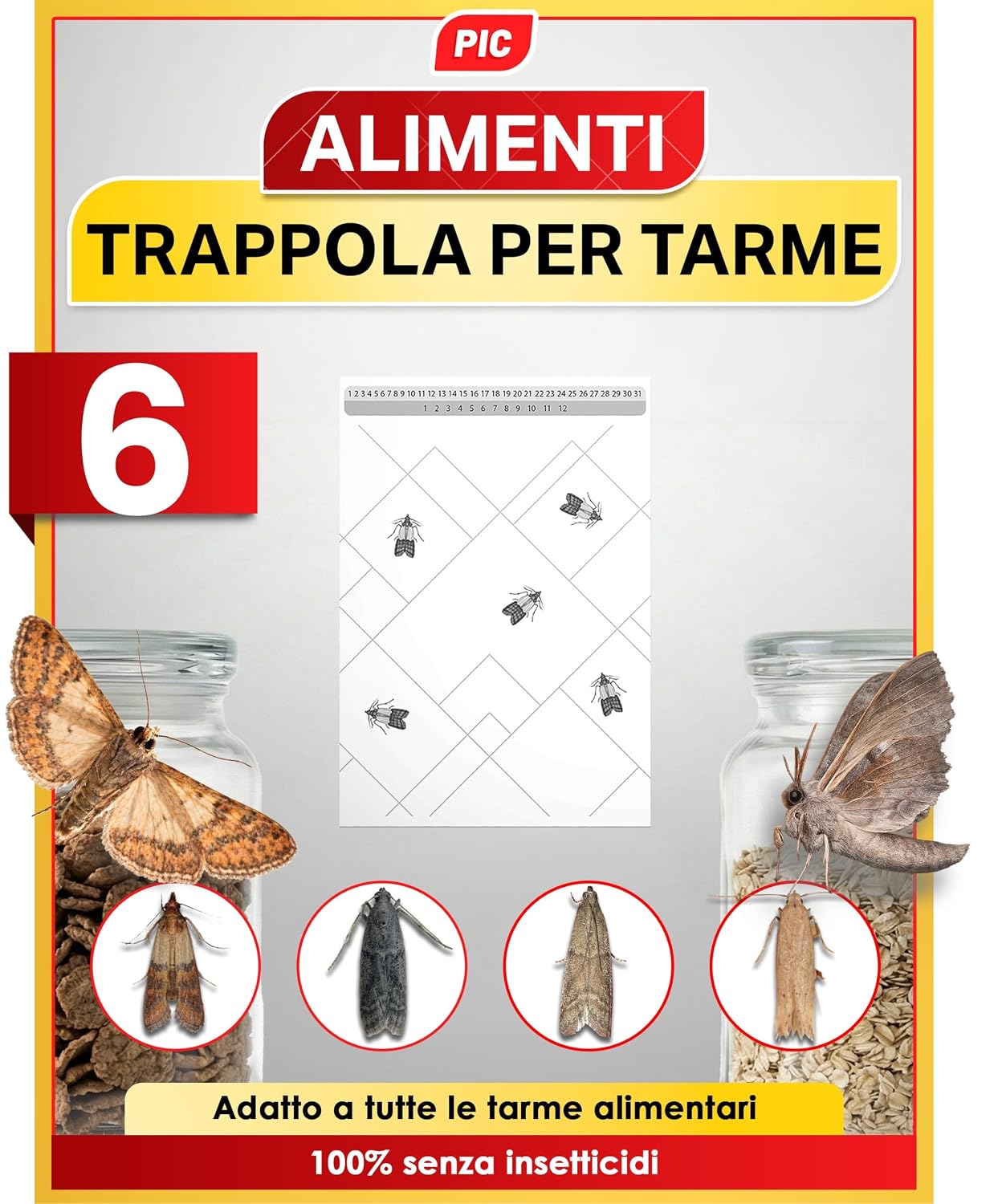 PIC Trappole Farfalline Alimentari 6x – Antitarme per Cucina e Dispensa | Senza insetticidi, protegge farina, cereali, pasta e riso fino a 8 settimane, per cucina e cantina
