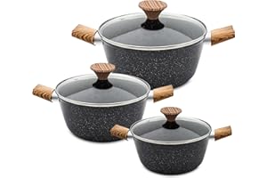 AKH HOUSEWARE Non Stick Casserole Dishes with Lid Cooking Pot 5 Layer Non-Stick Coated Casserole Dishes/Serving Dishes Induction Hob Compatibility Cookware (Black, Set of 3)