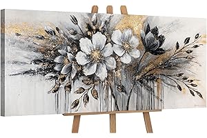 YS-Art Pittura Acrilica Fiori su Tela Serie Originale Dipinto A Mano Della Murale Soggiorno Ufficio Moderno Arredamento Casa Galleria Immagine Opera D'arte Immagini con Oro 115x50 cm