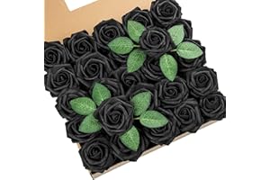 DuHouse 25 Rosas Artificiales Falsas con Tallos de Flores de Espuma de Tacto Real para el Ramo de Boda DIY Baby Shower arreglo de la Fiesta decoración del hogar(Negro)