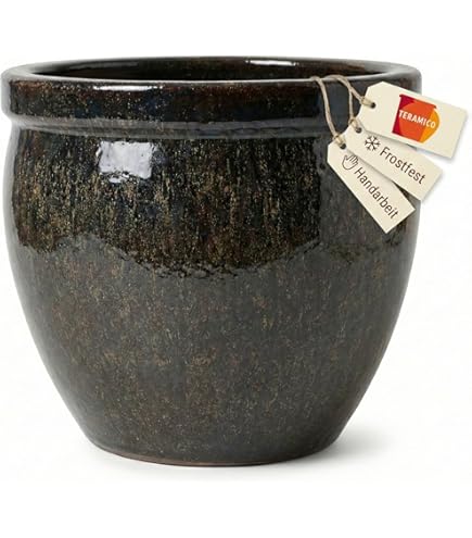 Teramico Premium plantenbak keramiek geglazuurd - 100% vorstbestendig & handwerk. Bloempot met gat voor buiten en binnen. Hoogwaardige sierpot unicum winterbestendig (antiek grijs, 38cm x 31cm