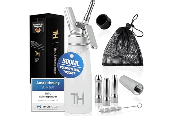 Thiru Siphon Chantilly avec 3 Douilles en Acier Inoxydable & Sac en Filet - Mousses et Crèmes - Siphon Cuisine 500ml (Blanc)