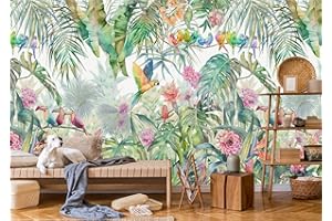 SILK ROAD EU Papier Peint Panoramique Jungle Soie, 355 x 250 cm, Poster Geant Mural Personnalisé 3D pour Salon Chambre Décoration Murale, Forêt Tropicale Perroquet Dos De Tortue Bambou Palmier Quitte