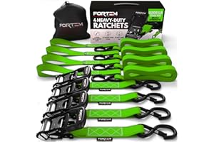 FORTEM Cinghie a Cricchetto, Resistenza fino a 2362 Kg, Set da 4 Cinghie di Fissaggio da 3,05 m, 4 Maniglie Morbide, Cinghie Fissaggio per Moto, Ganci in Metallo Rivestiti, Custodia Inclusa (Verde)