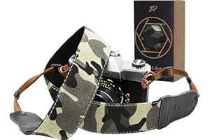 PADWA LIFESTYLE Camouflage Camera Strap - Double Layer Genuine Leather Ends, 2 Inch Camera Strap Made of Pure Cotton Embroidered Woven, Adjustable Universal Shoulder or Neck Strap for All Cameras, Gift for