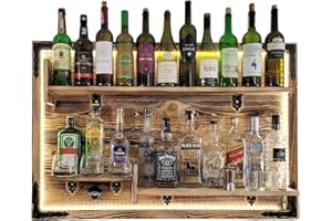 weeco Regał wiszący na ścianie, oświetlenie LED, rustykalny regał ścienny, regał ścienny na whisky, rustykalny alkohol, gin, regał ścienny na whisky, stojak na alkohol, stojak na wino, regał ścienny,