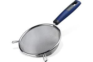 Tasty Wire Mesh Sieve with Long Handles and Support, Stainless Steel, Mesh Strainer for Washing and Sieving, Dishwasher Safe, Kitchen Gadgets, Colours, Dark Blue & Silver