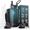 Coolflask Insulated Water Bottle 1L, Stainless Steel Insulated Water Bottle with Straw & 3 Lids, Double Vacuum Leak Proof Cold and Hot Water Bottle, Sturdiness and Easy to Clean, Indigo Black