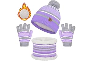Yuson Girl 3 Pcs Kids Winter Stripe Knitted Bobble Beanie Hat Snood Scarf Gloves Set with Thick Fleece Lining Cotton Thermal Knit Pom Pom Hat Cap Neck Warmer for Children Outdoor Boy Girl