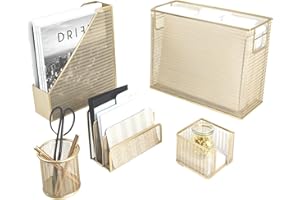 Blu Monaco 5 Piece Cute Office Supplies Gold Desk Organizer Set - with Desktop Hanging File Organizer, Magazine Holder, Pen Cup, Sticky Note Holder, Letter sorter - Gold Desk Accessories