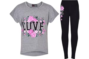 A2Z 4 Kids Filles T-Shirt Tops avec Trendy Legging Nouveau Occasionnel Mode Love Roses Floral Imprimer Court Manche Top Et Trouser Activewear Outfit Set pour Enfants Âge 5-14 Ans