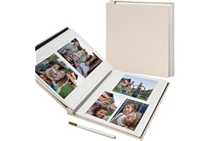 Vienrose Album Photo Adhésif Scrapbooking 40 Pages en Lin Relié 28x27 cm avec Un Stylo Métallique pour Mariage Bébé Famille Voyage Beige