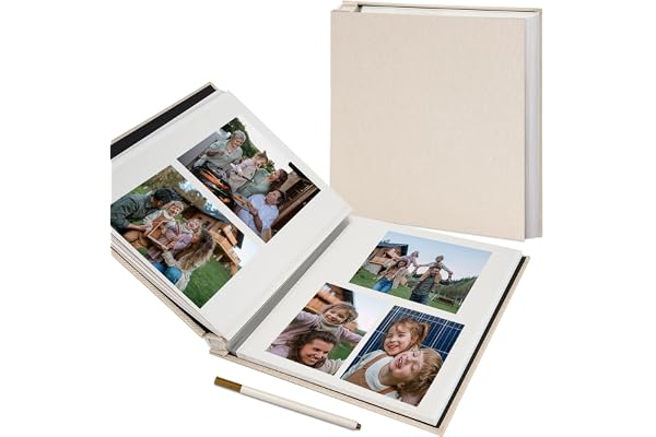 Vienrose Album Photo Adhésif Scrapbooking 40 Pages en Lin Relié 28x27 cm avec Un Stylo Métallique pour Mariage Bébé Famille Voyage Beige