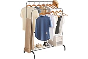 WEASHUME Kleiderständer, Garderobenständer mit 2 Kleiderstangen und Ablage, Freistehender Kleiderstangen kleiderständer stabil Doppelstangen Schlafzimmer, Schwarz