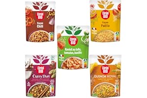 Céréal Bio Lot 5 Plats Cuisinés Végétariens – Saveurs du Monde – Quinoa, Riz, Lentilles, Légumes – Bio, Micro-Ondables, Prêts à Réchauffer – 5 x 220g
